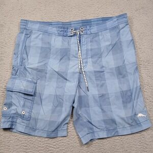 Tommy Bahama Board Shorts Mens Large Blue Check Nylon Swim Trunks Relax Pocket